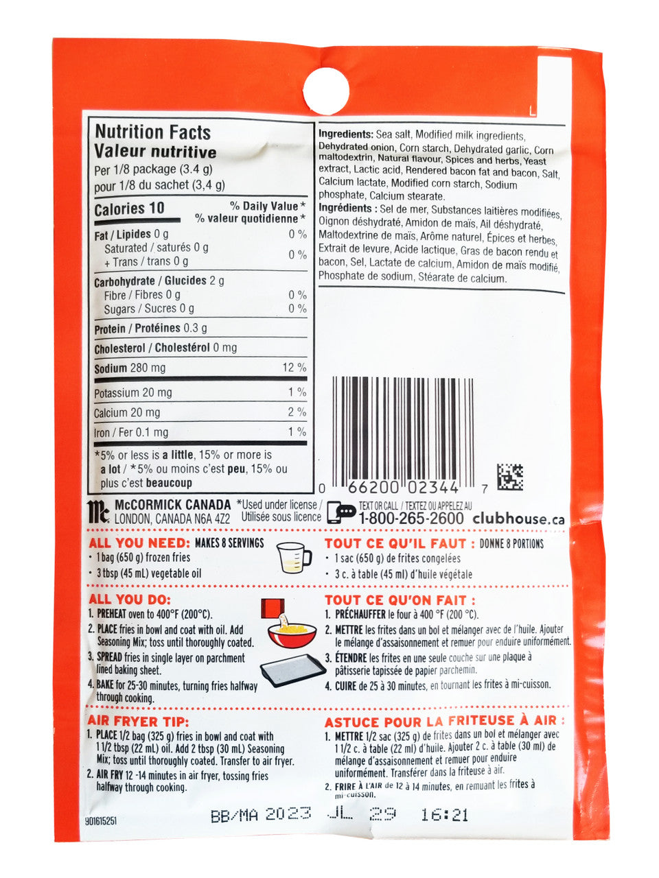 Club House Loaded Fries Seasoning Mix, 27g/0.9 oz. Packet{Imported from Canada}